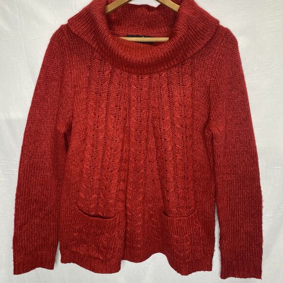 GNU Sweater Cable Knit Cowl Neck Long Sleeve Pockets Acrylic Womens M Red - Picture 1 of 8